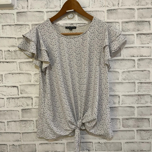 Adrianna Papell white and black bring flutter short sleeve knot waist top Small - Picture 1 of 5